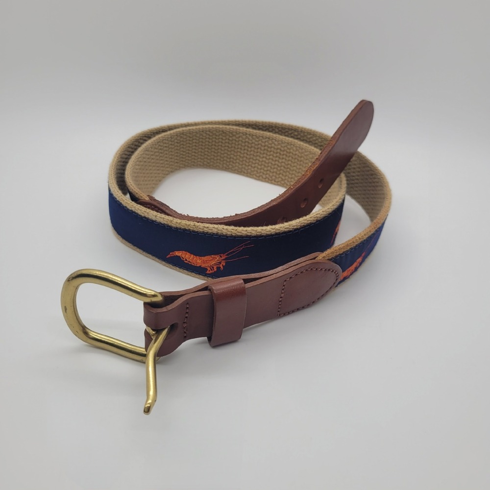 Leather Man Ltd Lobster Surcingle Belt Navy Tan Leather Brass Mens 34 Handmade